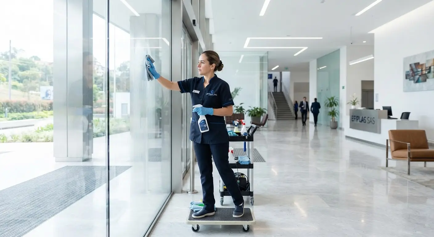 Personal de limpieza profesional de EFIPLAS trabajando en un lobby corporativo moderno